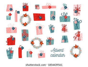 Advent calendar template. Collection of vector colorful Christmas present boxes with tags. Vector flat cartoon illustration isolated on white background