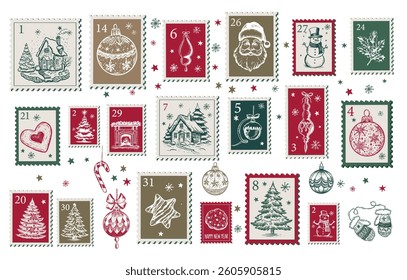Advent calendar with tree, ball, Christmas Stamps, mail, postcard on white hand drawn illustrations.
