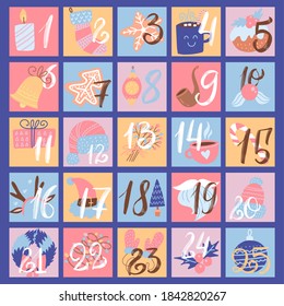 Advent calendar, trendy flat christmas icons. Flat vector hand drawn illustration