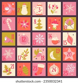 Calendario anticipado para veinticinco ventanas en colores de moda. Gráficos vectoriales.