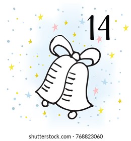 Advent calendar. Twenty-four days before Christmas. One of the parts of the calendar. Vector illustration. Christmas bells, number 14