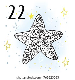 Advent calendar. Twenty-four days before Christmas. One of the parts of the calendar. Vector illustration. Christmas Star, number 22