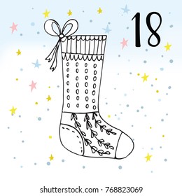 Advent calendar. Twenty-four days before Christmas. One of the parts of the calendar. Vector illustration. Christmas sock, number 18