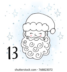 Advent calendar. Twenty-four days before Christmas. One of the parts of the calendar. Vector illustration. Santa Claus, number 13