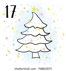 Advent calendar. Twenty-four days before Christmas. One of the parts of the calendar. Vector illustration. Christmas tree, number 17