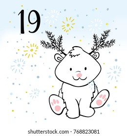 Advent calendar. Twenty-four days before Christmas. One of the parts of the calendar. Vector illustration. Little Bear, number 19