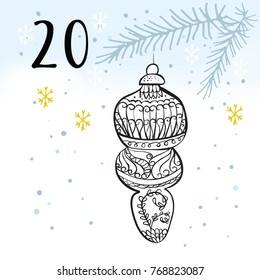 Advent calendar. Twenty-four days before Christmas. One of the parts of the calendar. Vector illustration. Christmas Toy, number 20