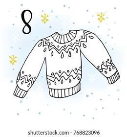 Advent calendar. Twenty-four days before Christmas. One of the parts of the calendar. Vector illustration. Sweater, number 8