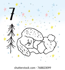 Advent calendar. Twenty-four days before Christmas. One of the parts of the calendar. Vector illustration. Rabbit, number 7