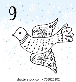 Advent calendar. Twenty-four days before Christmas. One of the parts of the calendar. Vector illustration. Bird, number 9