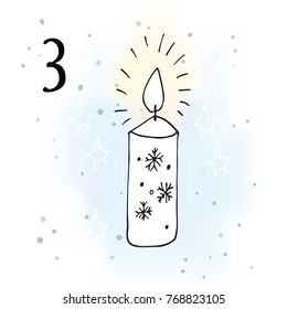 Advent calendar. Twenty-four days before Christmas. One of the parts of the calendar. Vector illustration. Candle, number 3