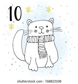 Advent calendar. Twenty-four days before Christmas. One of the parts of the calendar. Vector illustration. Cat, number 10