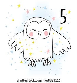 Advent calendar. Twenty-four days before Christmas. One of the parts of the calendar. Vector illustration. Owl, number 5