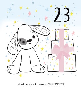 Advent calendar. Twenty-four days before Christmas. One of the parts of the calendar. Vector illustration. Puppy with gifts, number 23