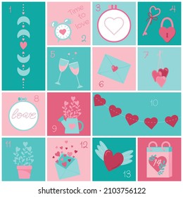 Advent calendar Valentine's Day.
The 14th of February. Set of Happy Valentine's Day elements.