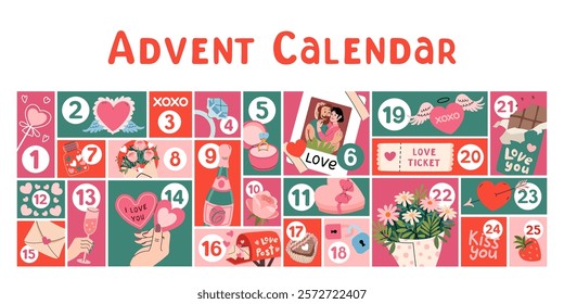 Advent calendar for Valentines day. Surprise cards. Festive romantic stickers. Holiday gifts, bouquet of flowers, Hearts, chocolates, champagne flat clip art. Vector flat illustration.