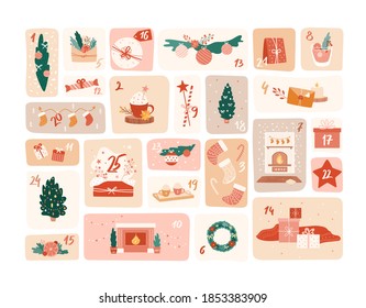 Advent calendar. Vector cute illustrations with numbers 1 to 25. Big set of Christmas objects, decor elements. New Year and Xmas celebration preparation. Holiday hand drawn symbols for banner, poster