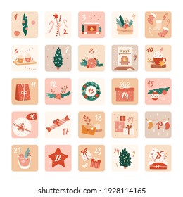 Advent calendar. Vector cute illustrations with numbers 1 to 25. Big set of Christmas objects, decor elements. Holiday hand drawn symbols for banner, poster. New Year and Xmas celebration preparation.