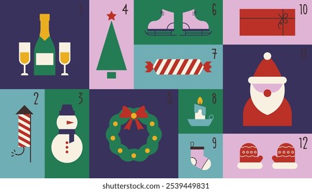 Advent calendar vector design. Colorful Christmas design with festive elements including gifts, santa claus, Christmas wreath, snowman.