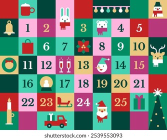 Advent calendar vector illustration. Printable advent calendar or Christmas poster with a icon of holiday symbols in flat design ration 9:7