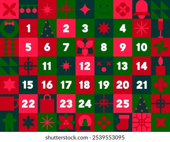 Advent calendar vector illustration. Printable advent calendar or Christmas poster with a icon of holiday symbols in flat design ration 9:7