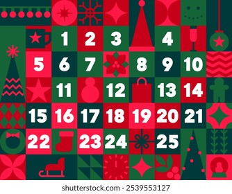 Advent calendar vector illustration. Printable advent calendar or Christmas poster with a icon of holiday symbols in flat design ration 9:7