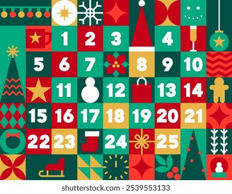 Ilustración vectorial del calendario de Adviento. Calendario de adviento imprimible o cartel de Navidades con un ícono de símbolos de vacaciones en diseño plano Ración 9:7