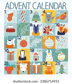 advent calendar vector set illustration with animals