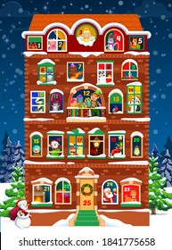 Advent calendar vector template of Christmas house with winter holidays countdown windows. Santa, Xmas tree, snowman and gifts, elf and reindeer with presents, bell, star and fireplace, red hat, angel