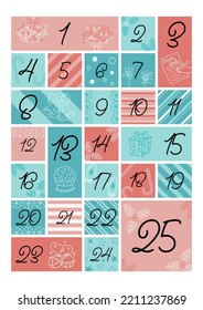 Advent calendar vertical page A4, A5. Christmas doodle elements. Xmas numbers from 1 to 25. Vector illustration of holiday hand drawn. Traditional december countdown 25 days calendar.