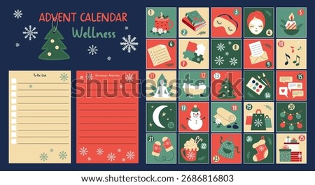Advent Calendar Wellness. Countdown Christmas. Template Xmas Numbers, To-Do List and Notes, Planner set. Caring for yourself, relaxation, preparation for New Year. Vector flat illustration. Not AI