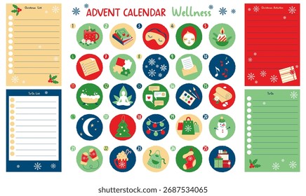 Advent Calendar Wellness. December. Countdown Christmas. Isolated Template Xmas Numbers Merry Round Sticker Icon with Caring for yourself symbols and New Year to-do list, sheet. Vector illustration