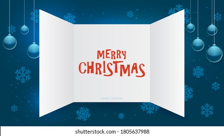 Advent calendar window. Christmas present open doors, december xmas gift template. New year festive paper invitation card mockup. Blue winter decoration vector illustration