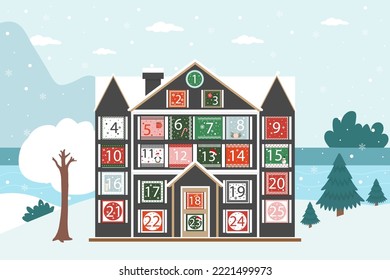 Advent calendar. Winter Christmas house. Christmas gifts. Vector graphics