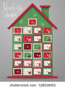 Advent calendar, wood house with box. Wooden texture. Merry Christmas poster. Holiday design, decor. Vector illustration.