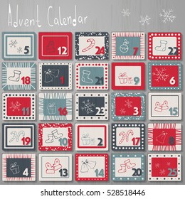 Advent calendar, wood icons. Wooden texture. Merry Christmas poster. Holiday design, decor. Vector illustration.