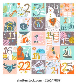 Advent calendar, Xmas design. Merry Christmas poster. Hand drawn vector cartoon illustration.