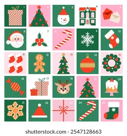 Advent calendar with Xmas icons. Merry Christmas card, sticker set with holiday elements in trendy minimalist geometric style. Vector flat illustration. 