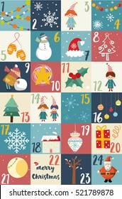 Advent calendar.Christmas poster. Printable advent calendar. Cute vector illustration Christmas calendar with a lot of holiday symbols.