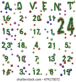advent calender with pine branches and colorful balls. christmas tradition in europa