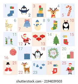 Advent candar with ith 25 illustrated days. Christmas decorative elements  and cute characters. Christmas countdown. 