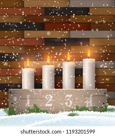 Advent candle holder with four white candles on brown wooden background with parquet pattern, vector illustration, eps 10 with transparency