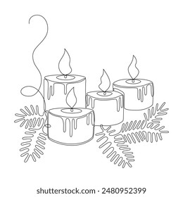 Advent candles and branches of a Christmas tree, drawing in the form of one continuous line in a minimalist style. Editable vector contour