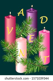 Advent candles with fir tree branches and letters of the word Advent scattered over it, on a dark background