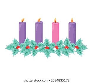 advent candles with mistletoe decoration isolated over white background . vector illustration