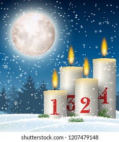 Advent candles with numbers 1, 2, 3, 4 in snowy landscape, with big shinny moon on night sky, vector illustration, eps 10 with transparency