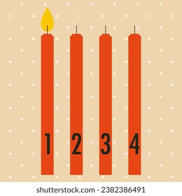 Advent candles with numbers. One red candle lit for the first Sunday before Christmas. Advent season vector illustration. Flat trendy abstract style, isolated. Greeting card, banner, poster.