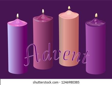 Advent candles on a dark background, with the inscription Advent