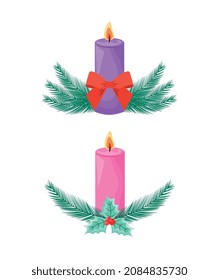 velas de advenimiento con ramas y mistletoaisladas sobre fondo blanco. ilustración vectorial