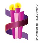 Advent candles wreath with purple violet ribbon. Second Sunday of Advent - Christmas season holiday color vector illustration.